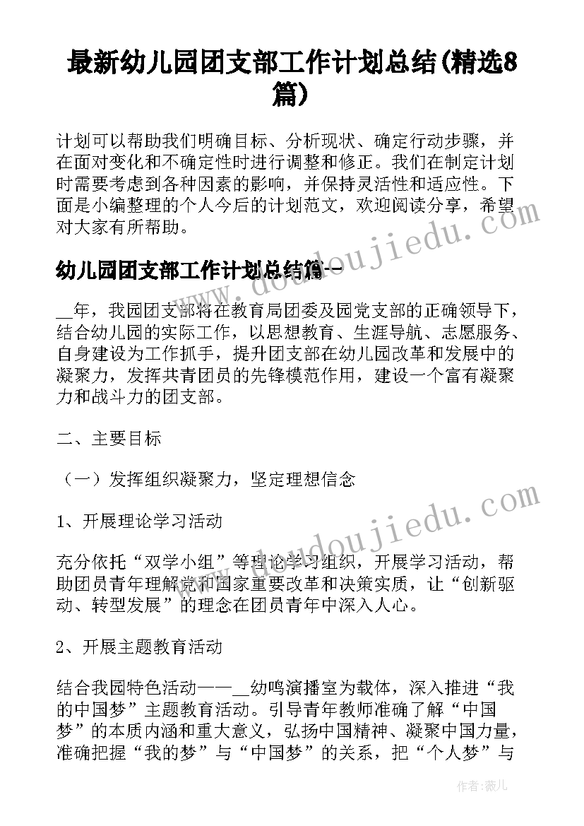 最新幼儿园团支部工作计划总结(精选8篇)