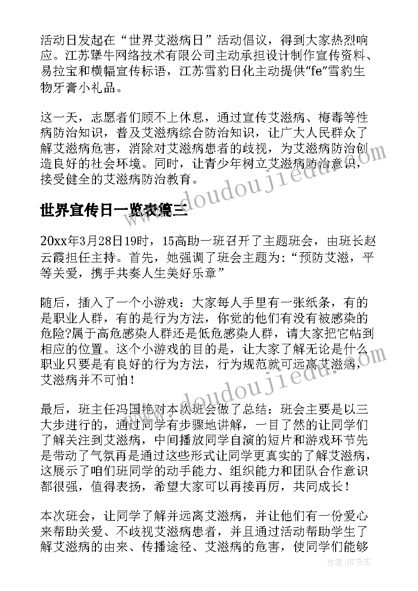 世界宣传日一览表 世界艾滋病宣传日简报(汇总9篇)