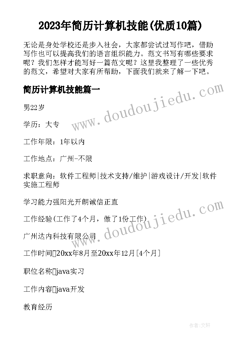 2023年简历计算机技能(优质10篇)