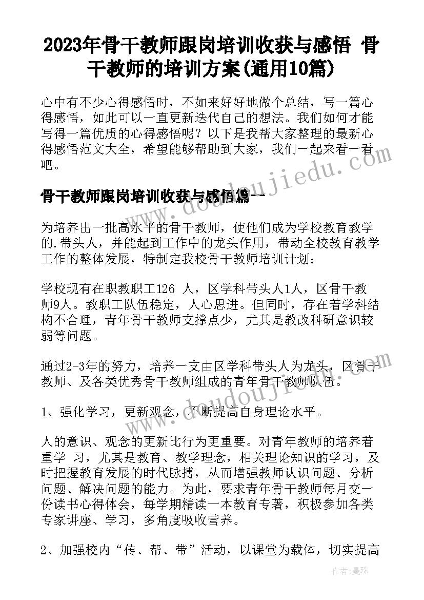 2023年骨干教师跟岗培训收获与感悟 骨干教师的培训方案(通用10篇)