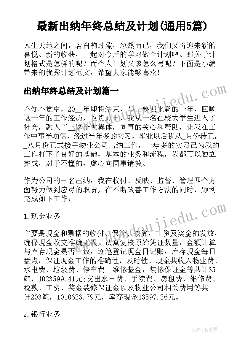 最新出纳年终总结及计划(通用5篇)