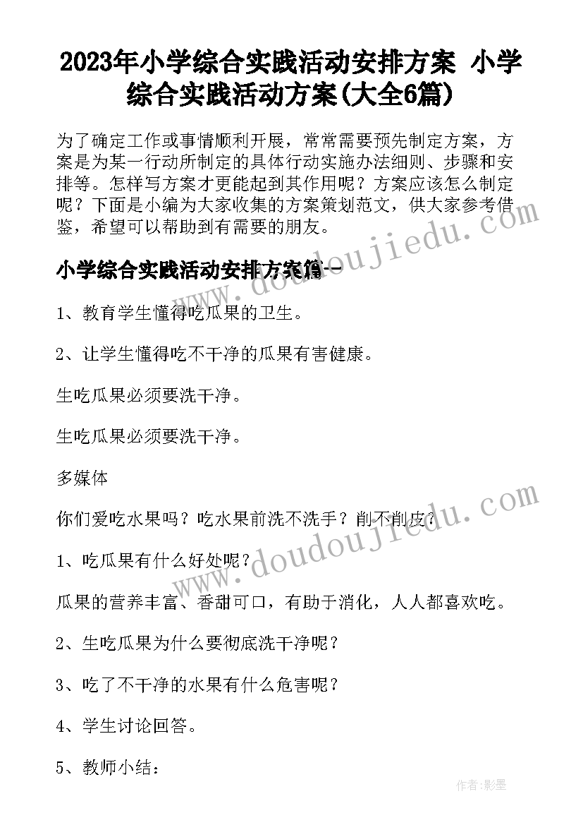 2023年小学综合实践活动安排方案 小学综合实践活动方案(大全6篇)