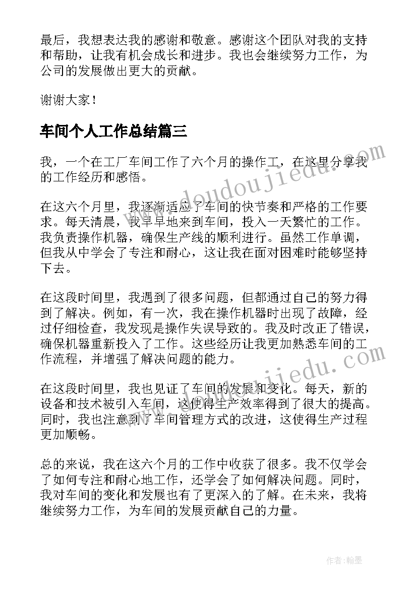 2023年车间个人工作总结(汇总5篇)