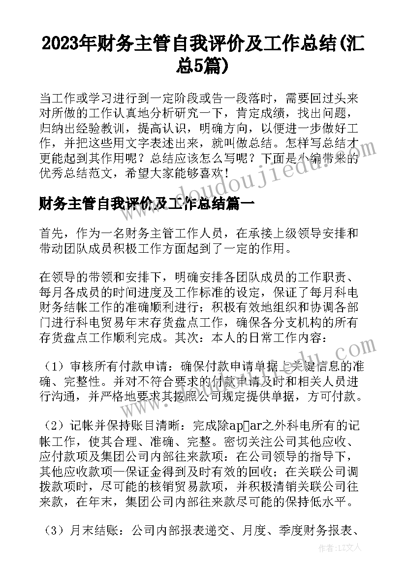 2023年财务主管自我评价及工作总结(汇总5篇)