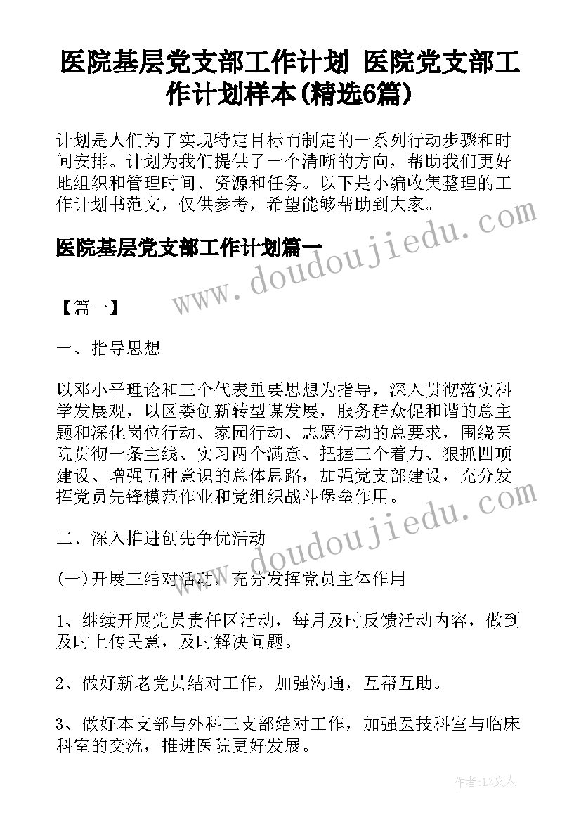 医院基层党支部工作计划 医院党支部工作计划样本(精选6篇)