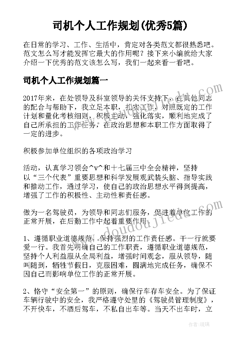 司机个人工作规划(优秀5篇)