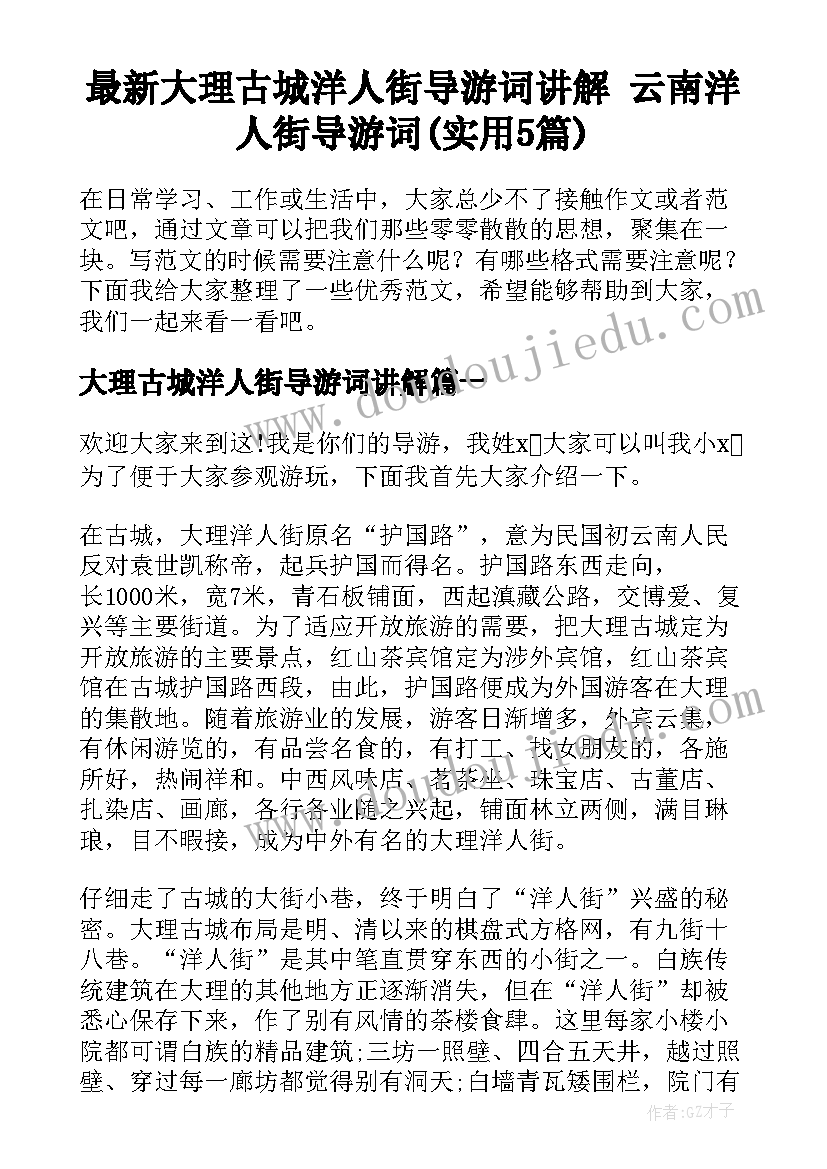 最新大理古城洋人街导游词讲解 云南洋人街导游词(实用5篇)