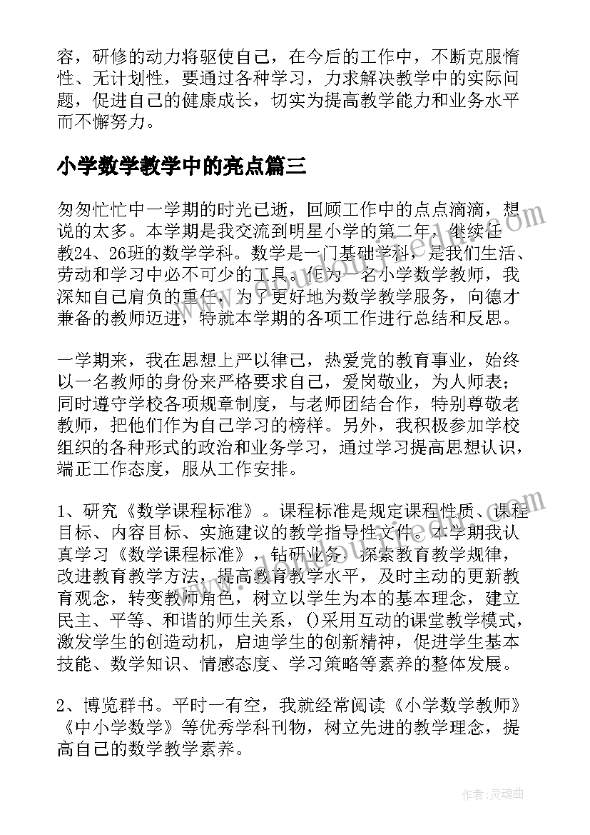 小学数学教学中的亮点 小学数学教师工作总结(大全9篇)