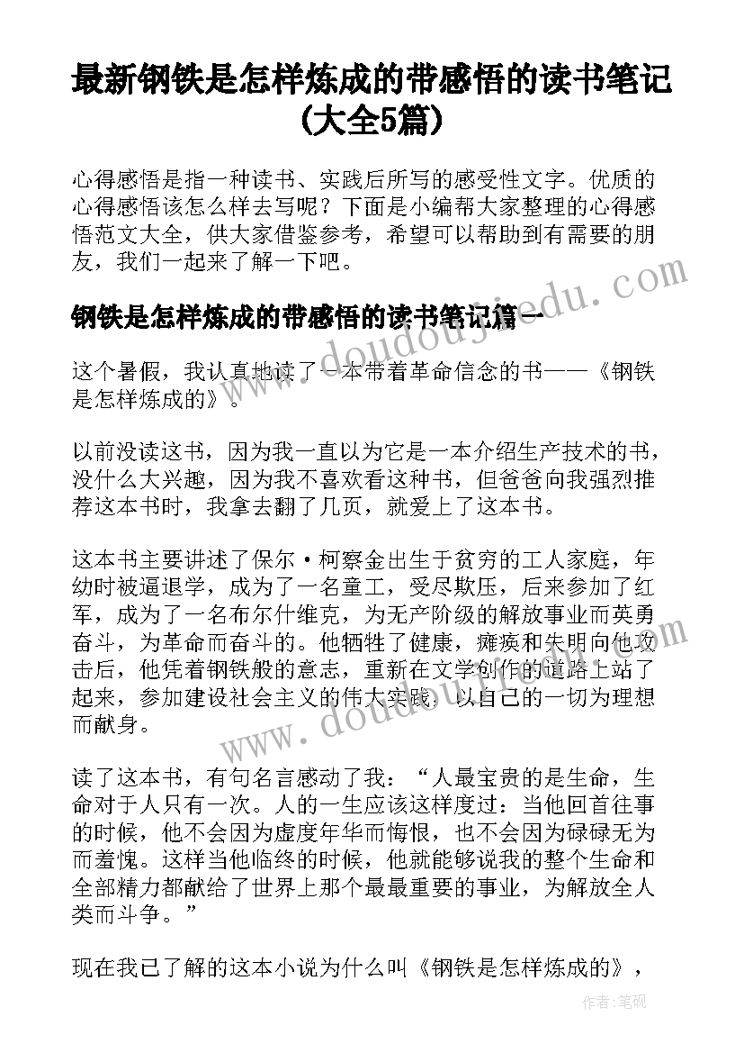 最新钢铁是怎样炼成的带感悟的读书笔记(大全5篇)