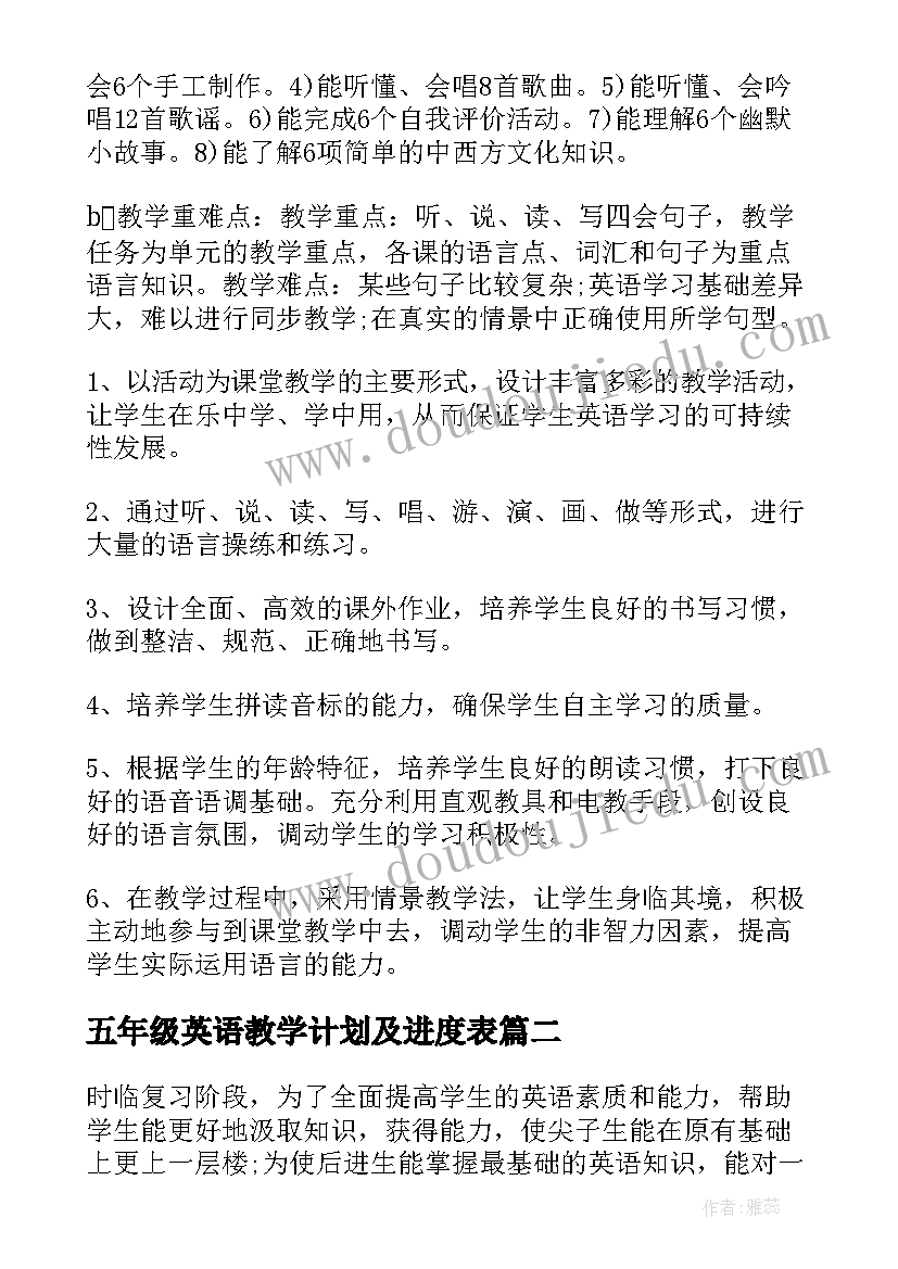 五年级英语教学计划及进度表 小学英语五年级教学计划(优秀5篇)