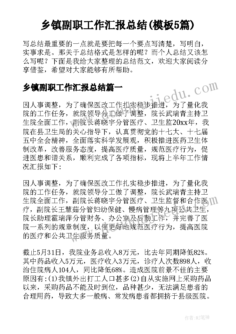 乡镇副职工作汇报总结(模板5篇)