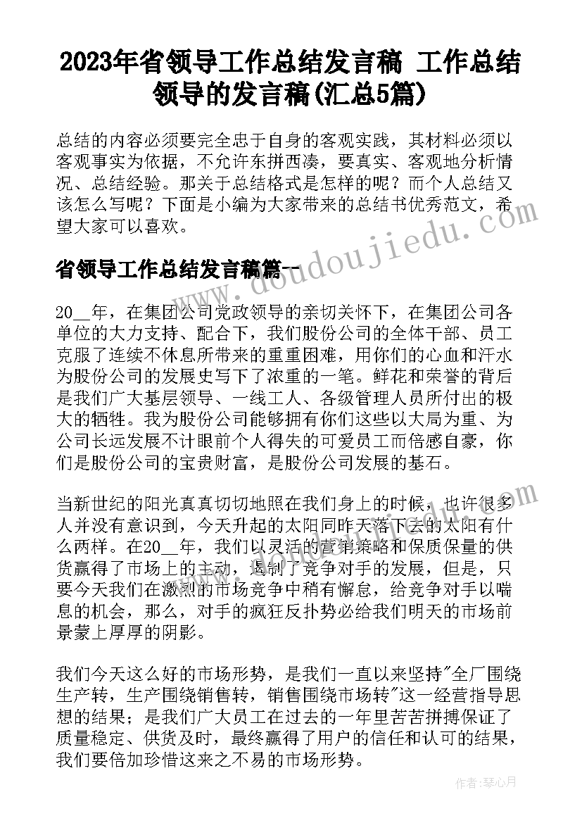 2023年省领导工作总结发言稿 工作总结领导的发言稿(汇总5篇)