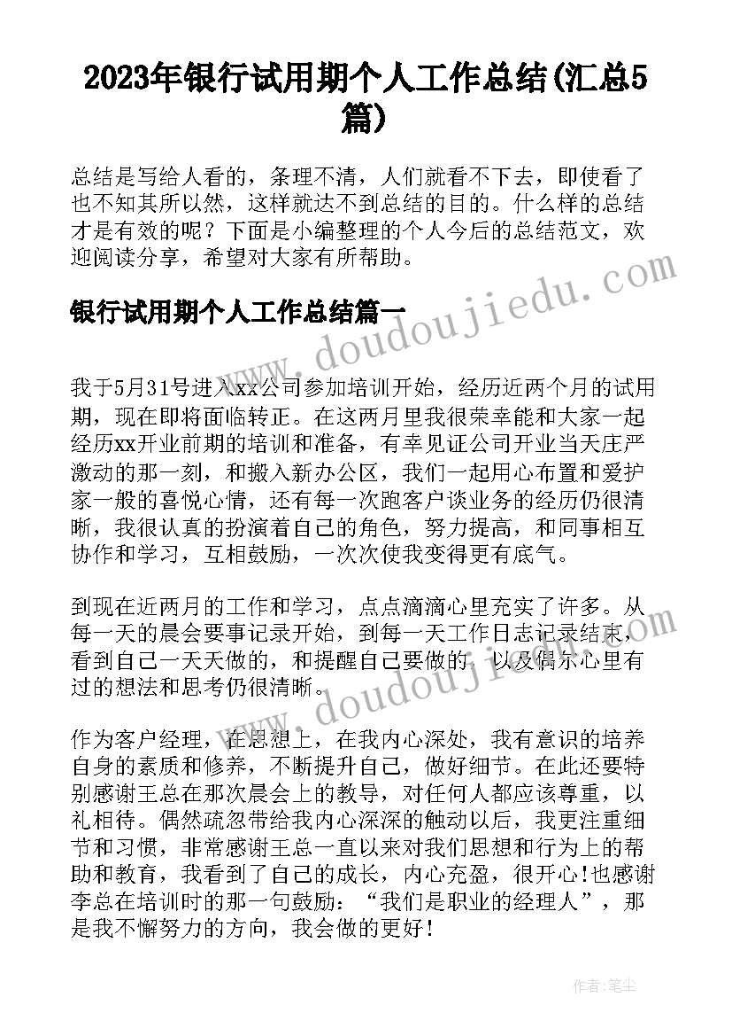 2023年银行试用期个人工作总结(汇总5篇)