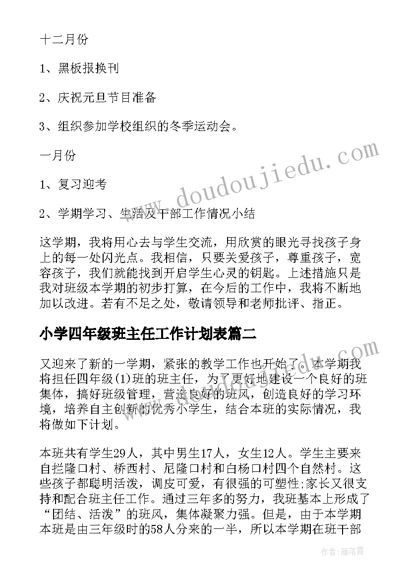 2023年小学四年级班主任工作计划表(优秀8篇)