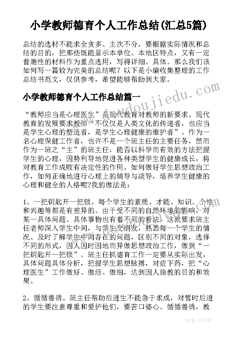 小学教师德育个人工作总结(汇总5篇)