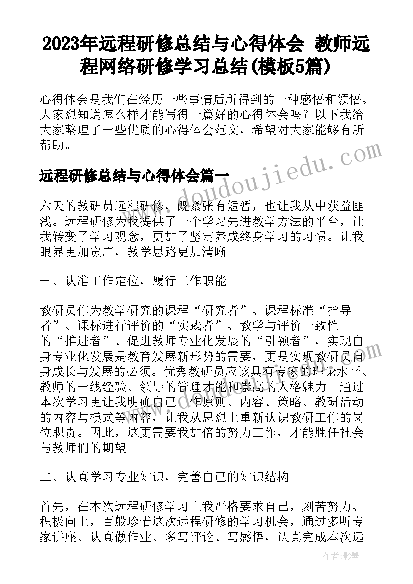 2023年远程研修总结与心得体会 教师远程网络研修学习总结(模板5篇)