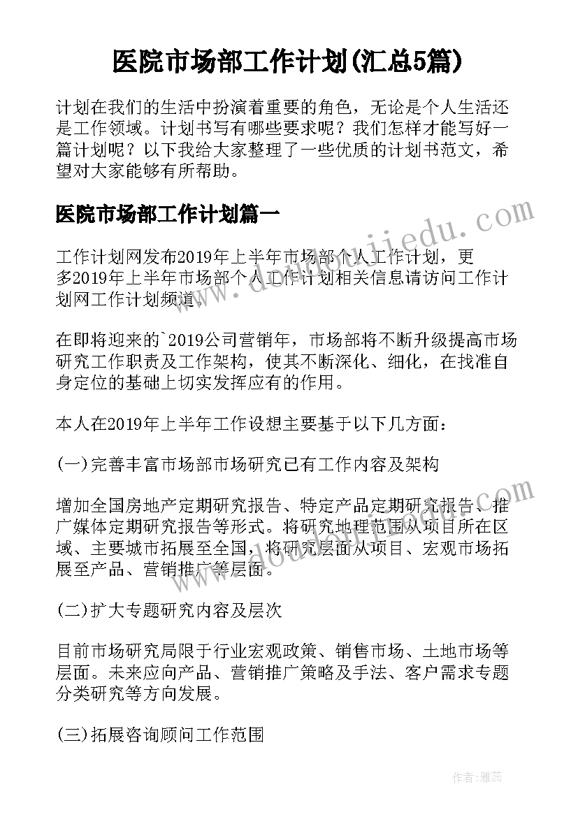 医院市场部工作计划(汇总5篇)