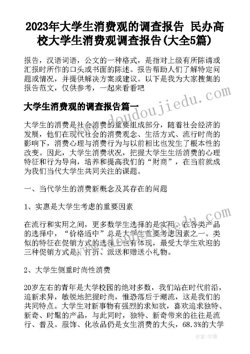 2023年大学生消费观的调查报告 民办高校大学生消费观调查报告(大全5篇)