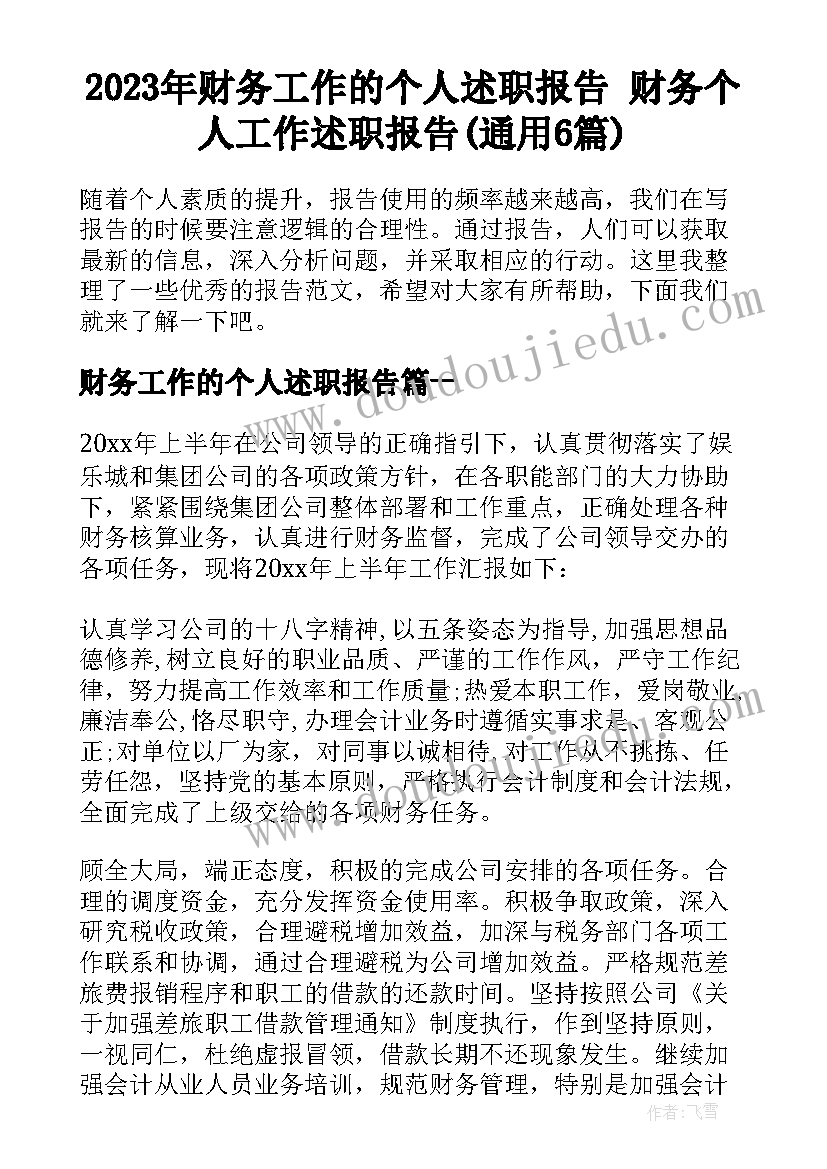 2023年财务工作的个人述职报告 财务个人工作述职报告(通用6篇)