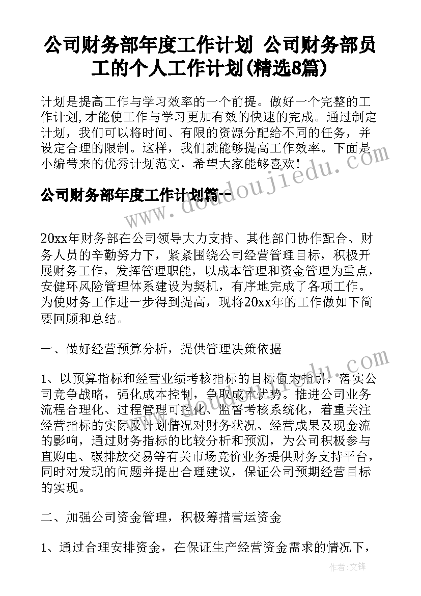 公司财务部年度工作计划 公司财务部员工的个人工作计划(精选8篇)