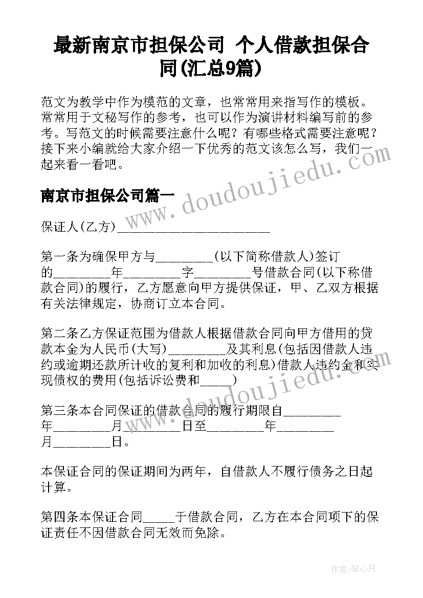 最新南京市担保公司 个人借款担保合同(汇总9篇)