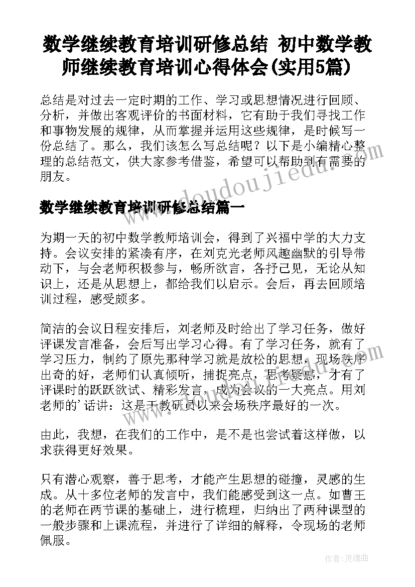 数学继续教育培训研修总结 初中数学教师继续教育培训心得体会(实用5篇)