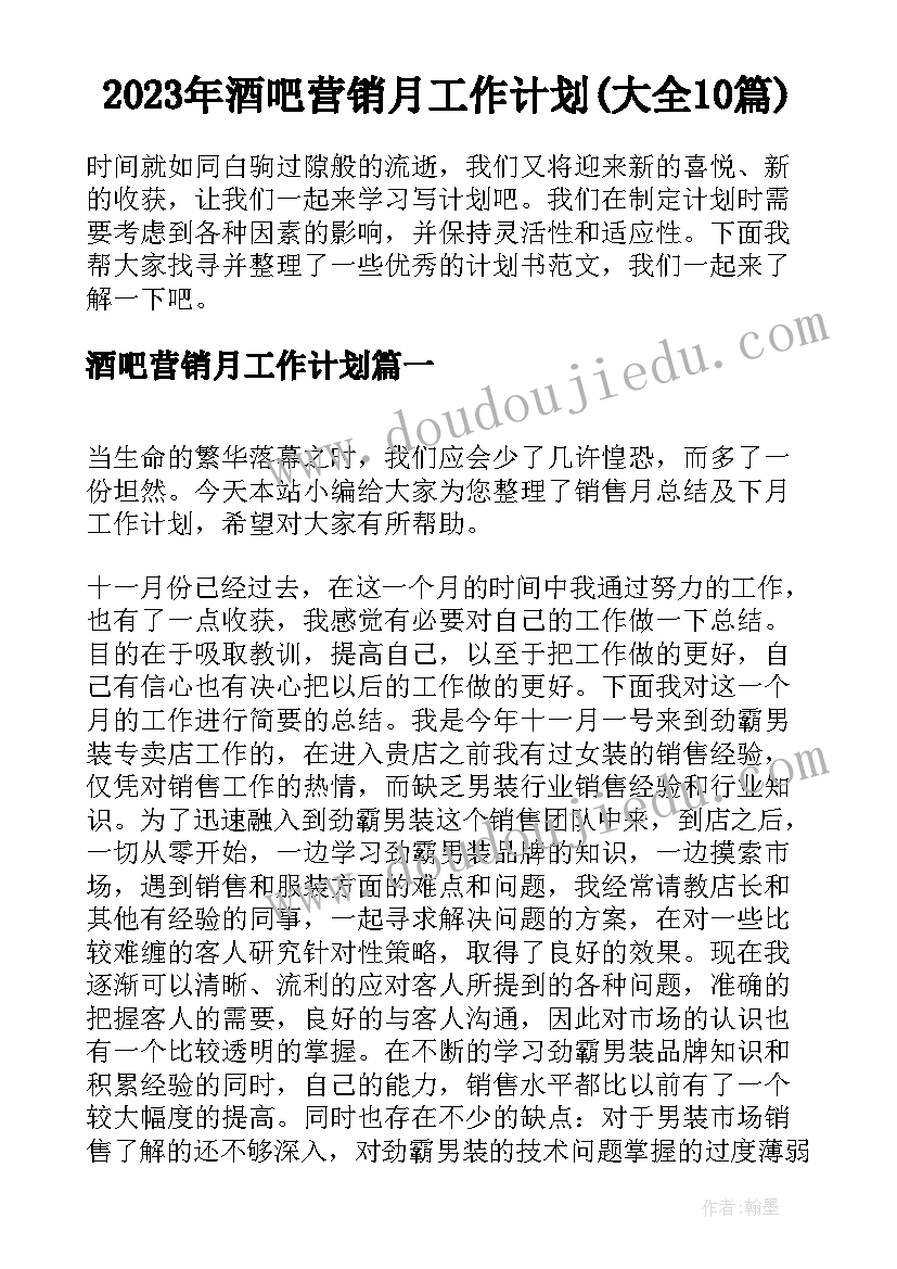 2023年酒吧营销月工作计划(大全10篇)