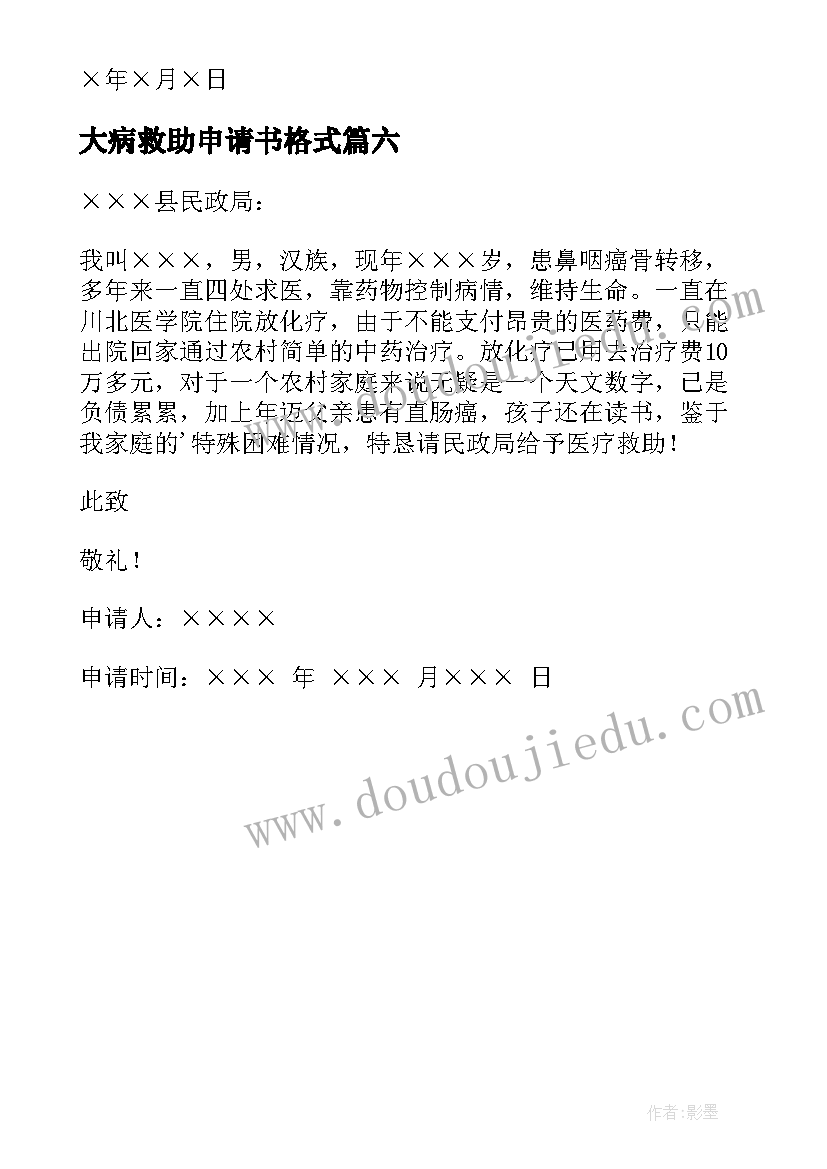 2023年大病救助申请书格式(模板6篇)