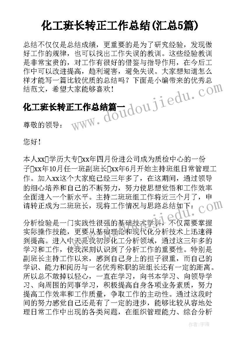 化工班长转正工作总结(汇总5篇)