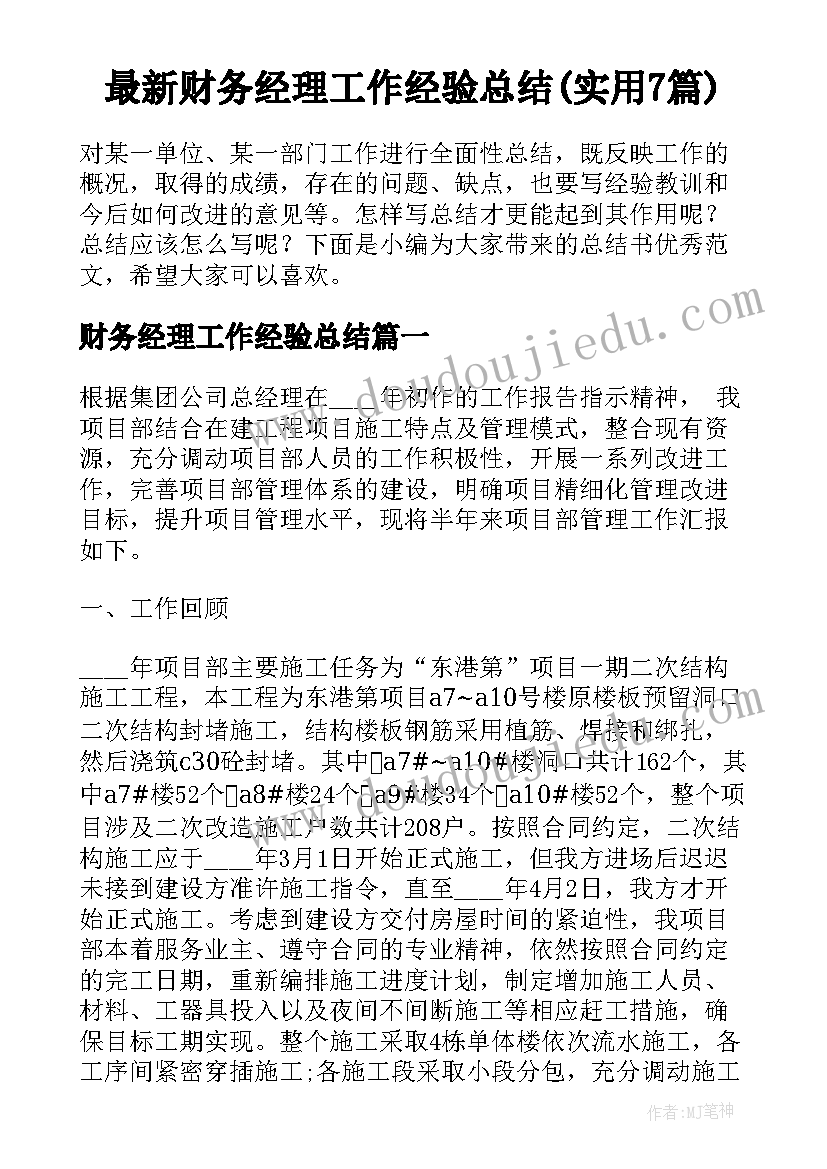 最新财务经理工作经验总结(实用7篇)