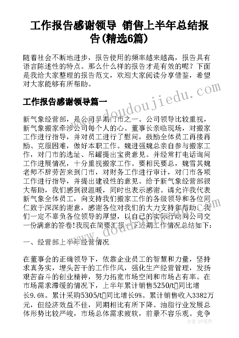 工作报告感谢领导 销售上半年总结报告(精选6篇)