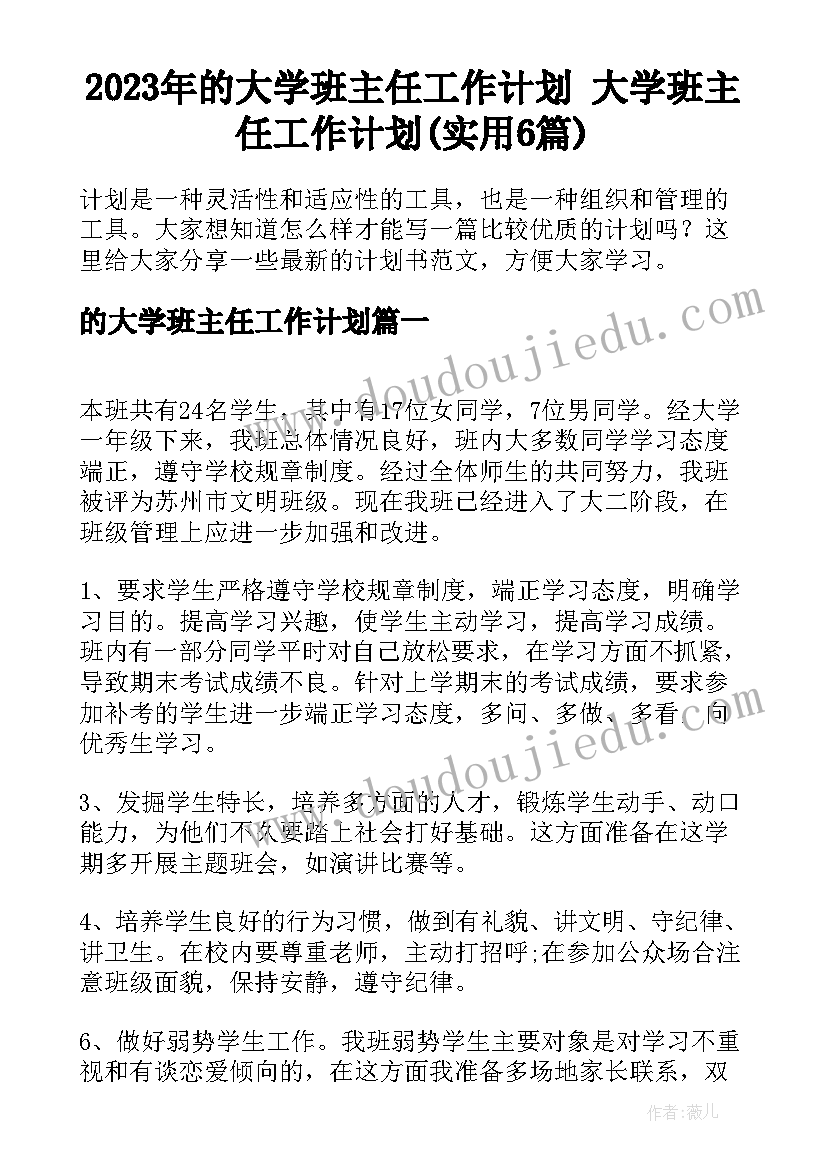 2023年的大学班主任工作计划 大学班主任工作计划(实用6篇)