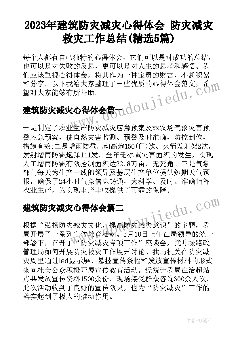 2023年建筑防灾减灾心得体会 防灾减灾救灾工作总结(精选5篇)