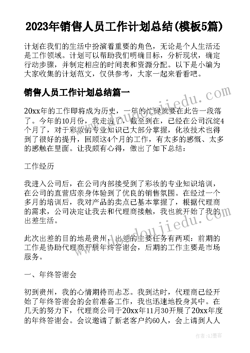 2023年销售人员工作计划总结(模板5篇)