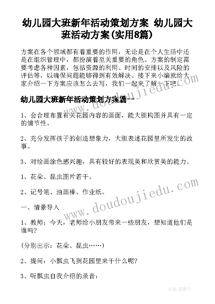 幼儿园大班新年活动策划方案 幼儿园大班活动方案(实用8篇)