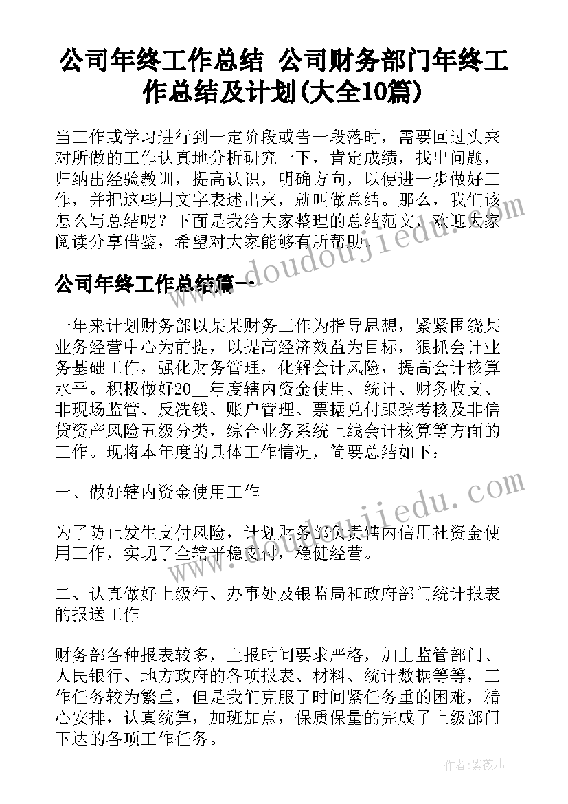 公司年终工作总结 公司财务部门年终工作总结及计划(大全10篇)