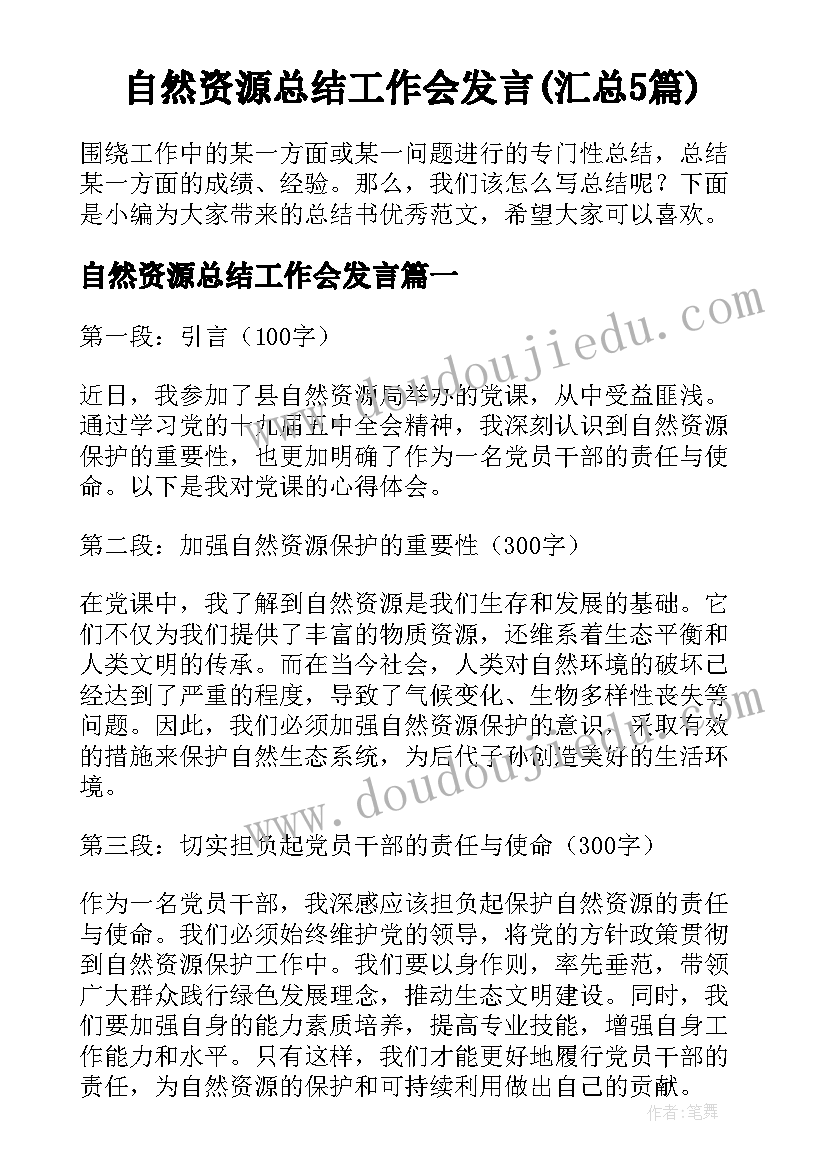 自然资源总结工作会发言(汇总5篇)