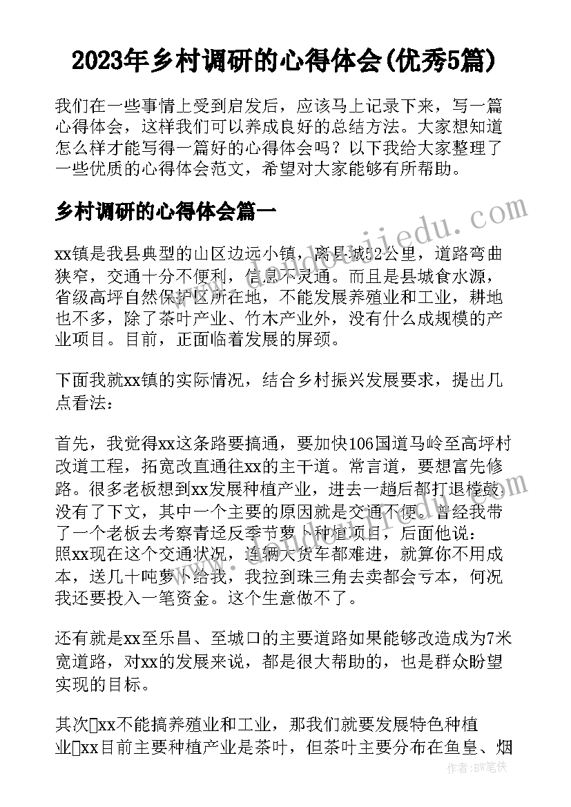 2023年乡村调研的心得体会(优秀5篇)