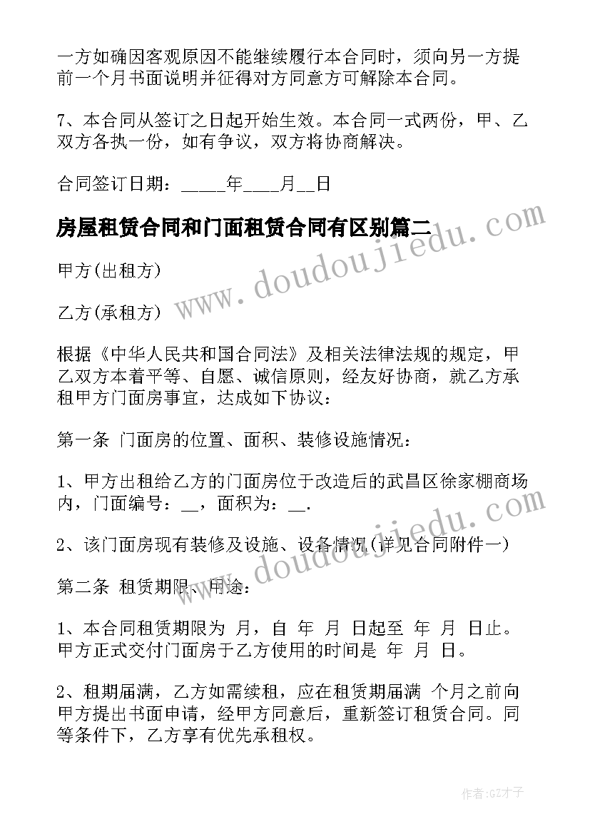 房屋租赁合同和门面租赁合同有区别(通用10篇)