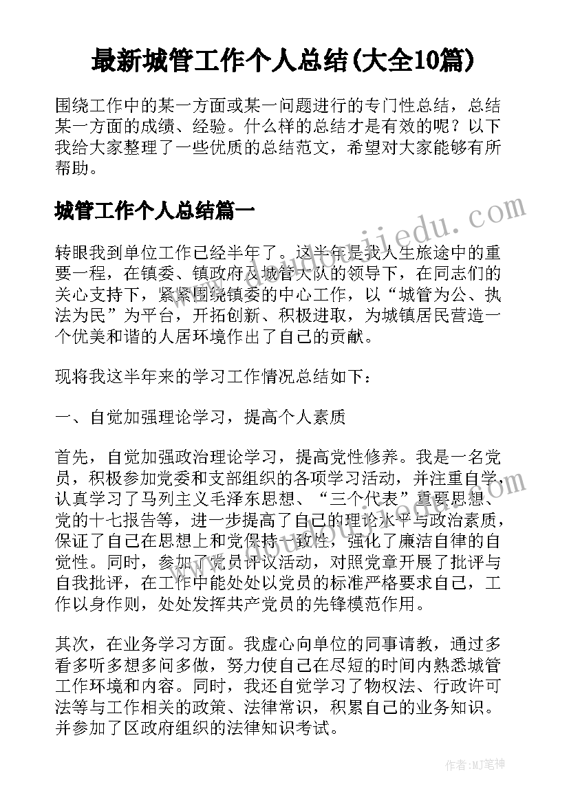 最新城管工作个人总结(大全10篇)