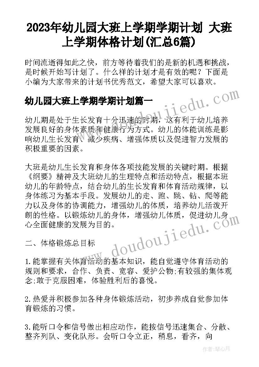 2023年幼儿园大班上学期学期计划 大班上学期体格计划(汇总6篇)