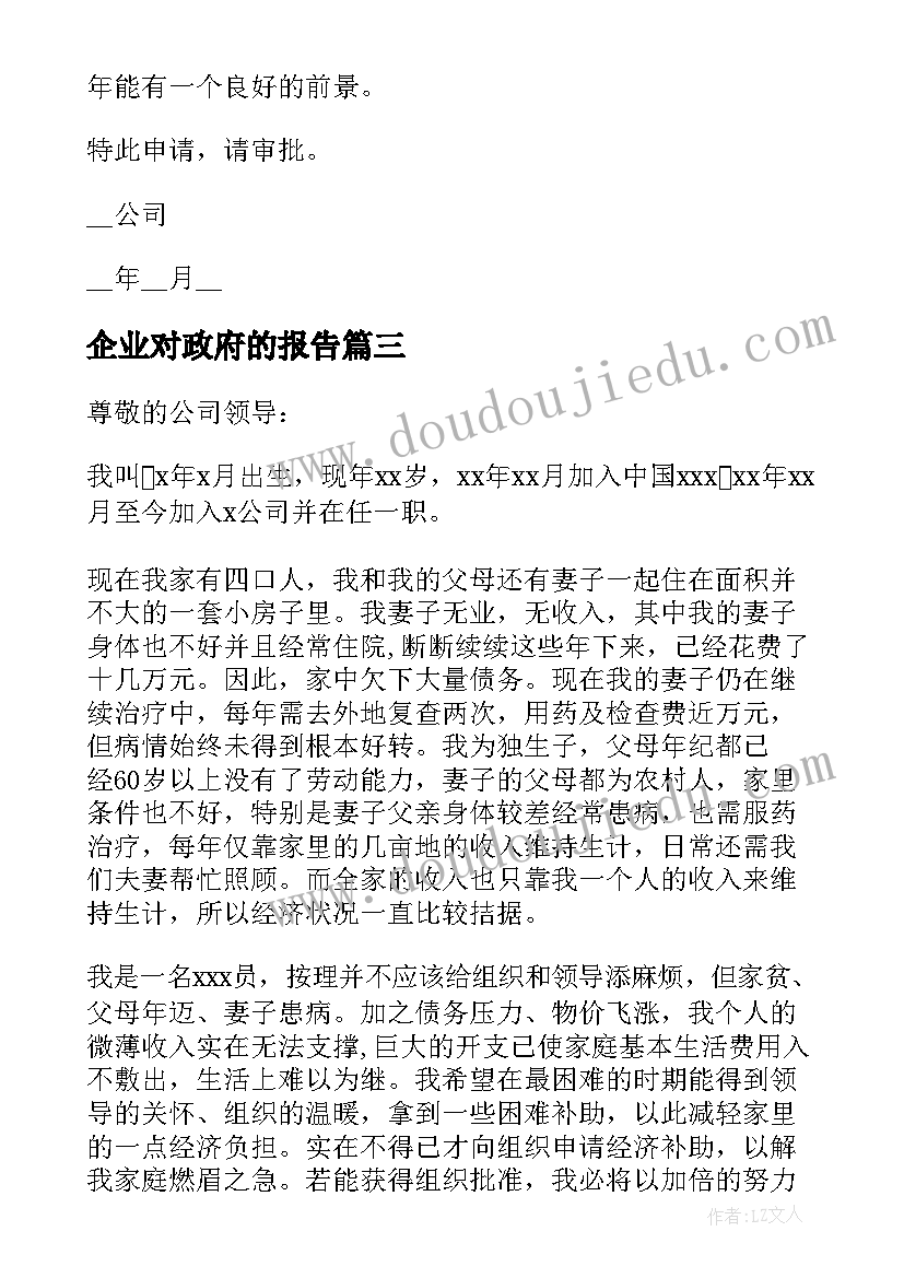 企业对政府的报告 企业向政府申请报告二(实用5篇)