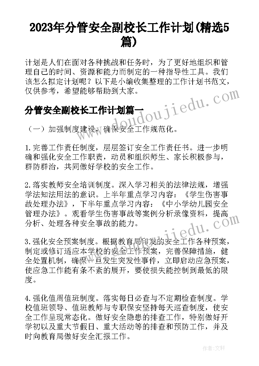 2023年分管安全副校长工作计划(精选5篇)