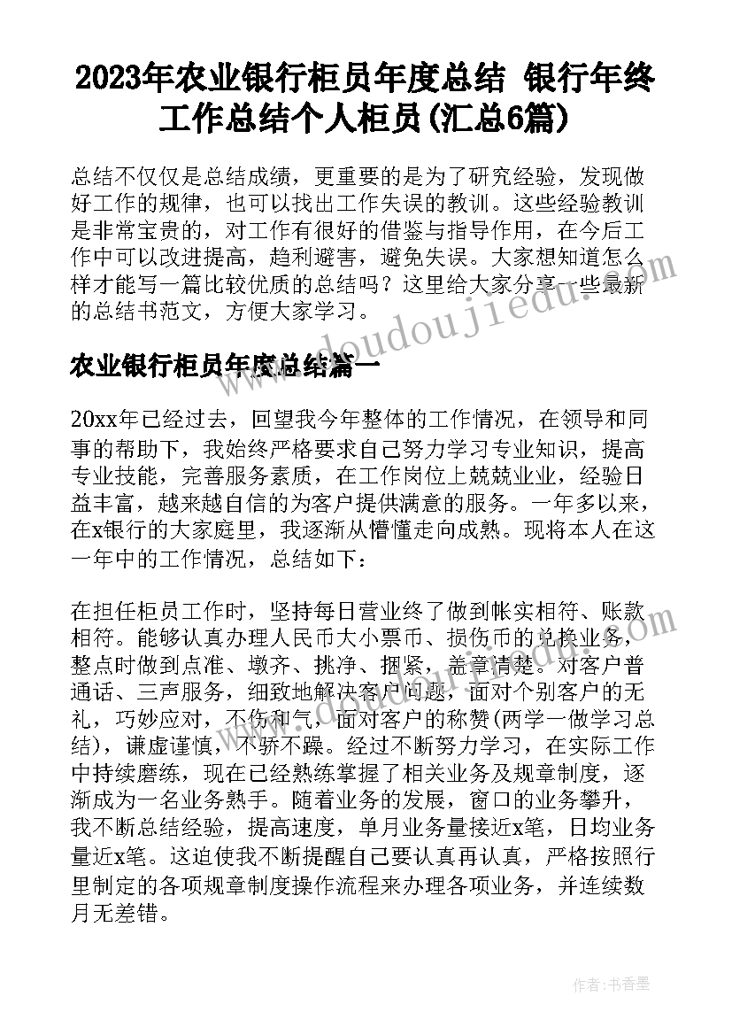 2023年农业银行柜员年度总结 银行年终工作总结个人柜员(汇总6篇)