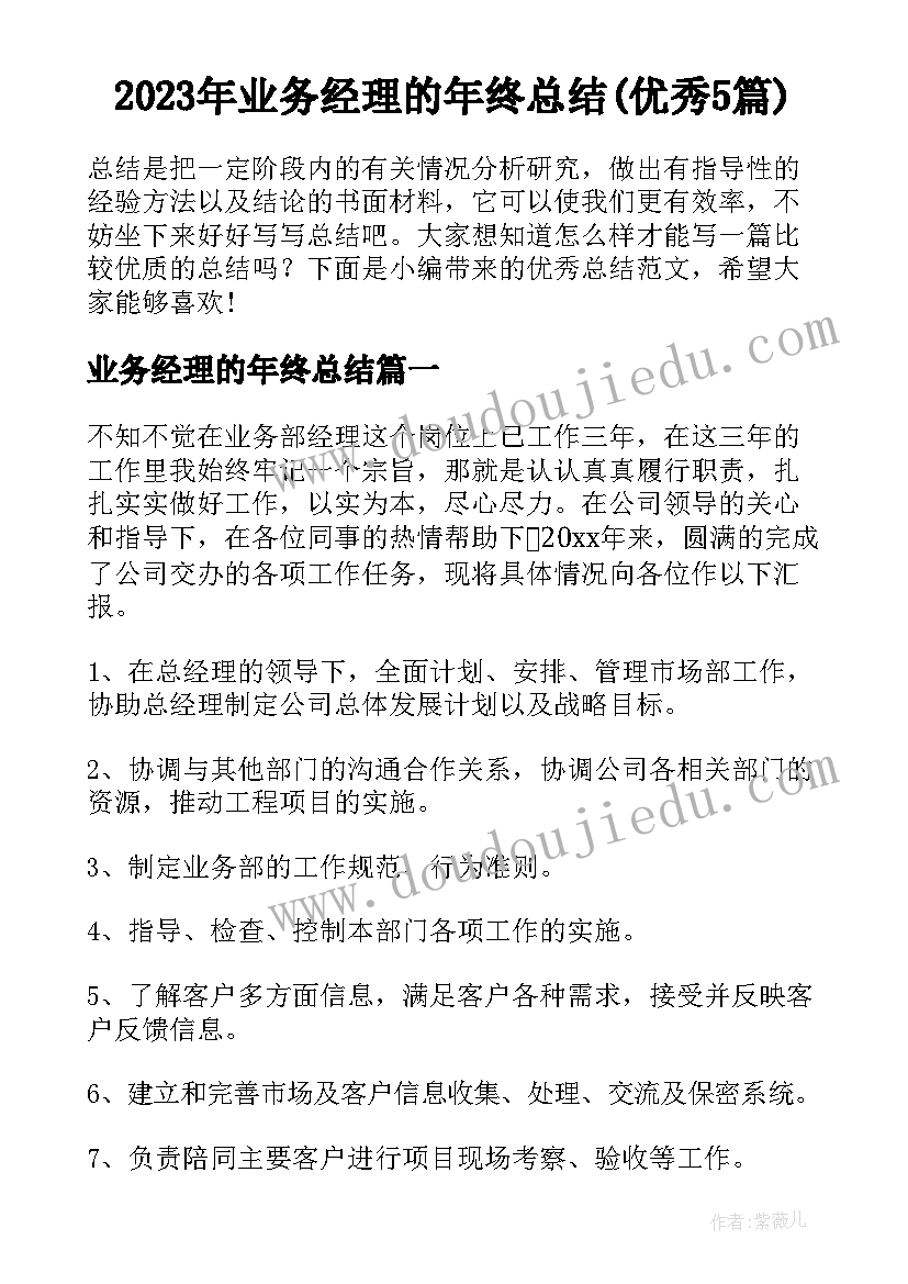 2023年业务经理的年终总结(优秀5篇)