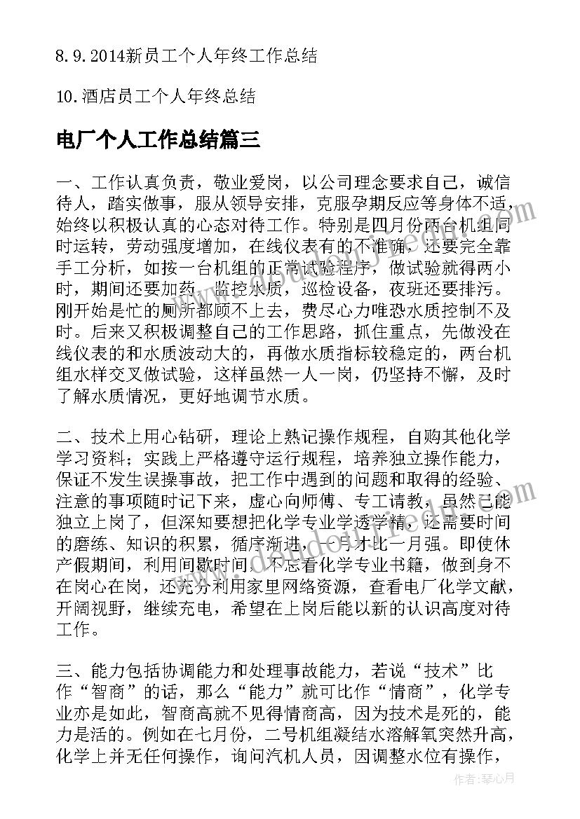 2023年电厂个人工作总结(优质5篇)