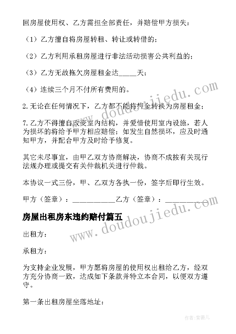 最新房屋出租房东违约赔付 房屋出租合同(优秀7篇)