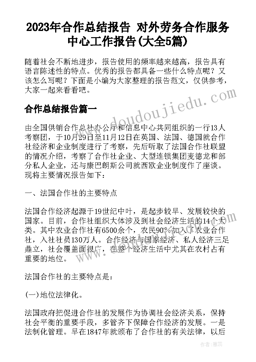 2023年合作总结报告 对外劳务合作服务中心工作报告(大全5篇)