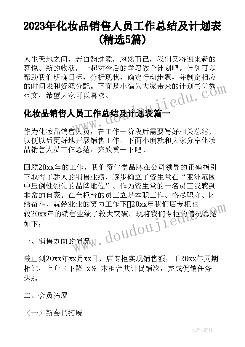 2023年化妆品销售人员工作总结及计划表(精选5篇)