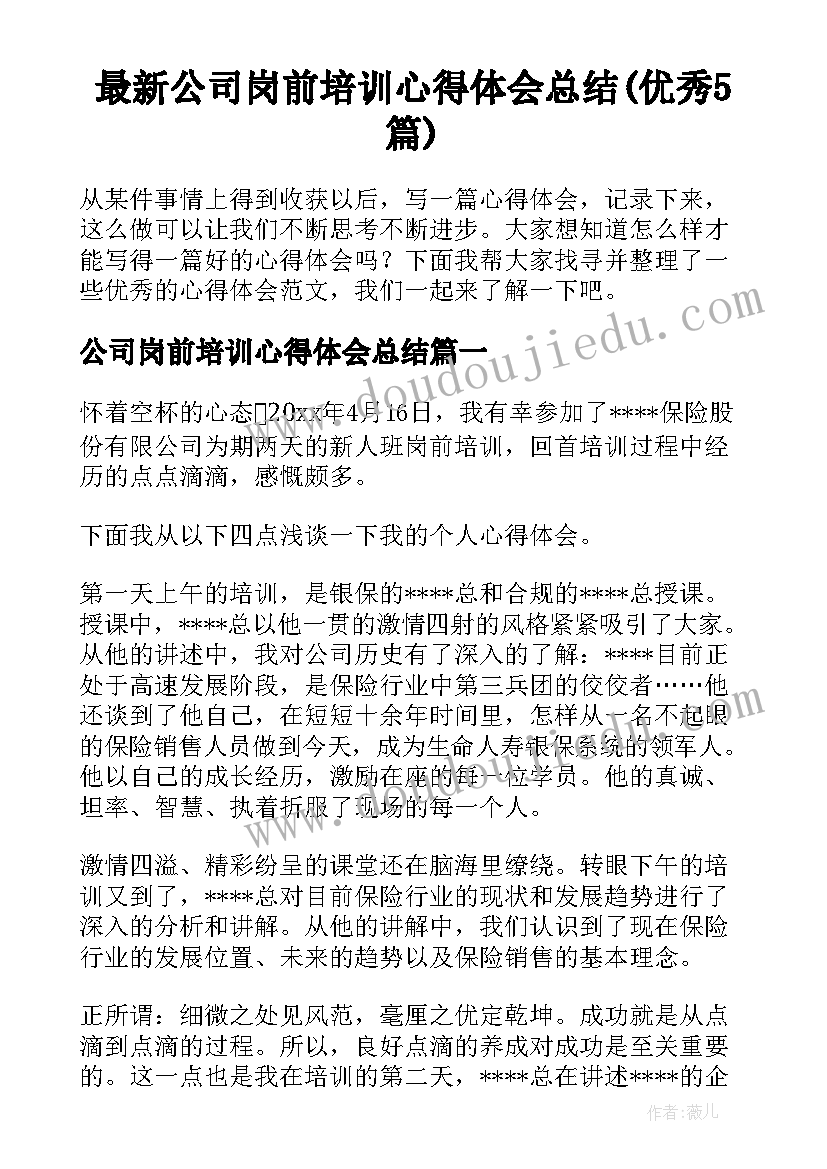 最新公司岗前培训心得体会总结(优秀5篇)